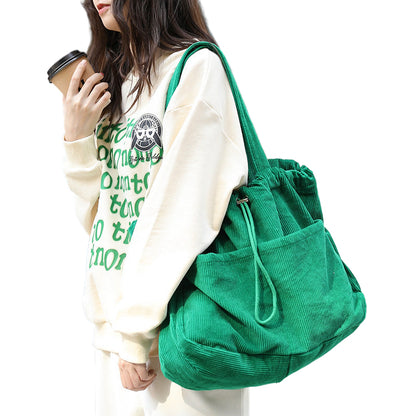Women's Corduroy Drawstring Shoulder Handbag with Multi Pocket Design