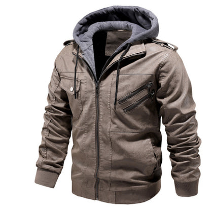 Men's Stylish Hooded PU Leather Jacket with Zipper Front Design