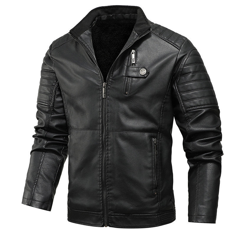 Men’s PU Leather Motorcycle Jacket with Velvet Lining for Winter