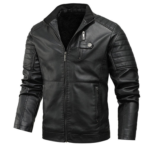 Men’s PU Leather Motorcycle Jacket with Velvet Lining for Winter