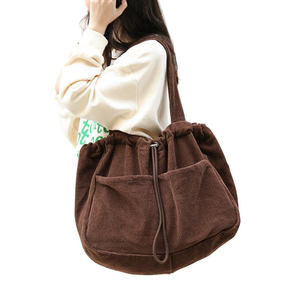 Women's Corduroy Drawstring Shoulder Handbag with Multi Pocket Design