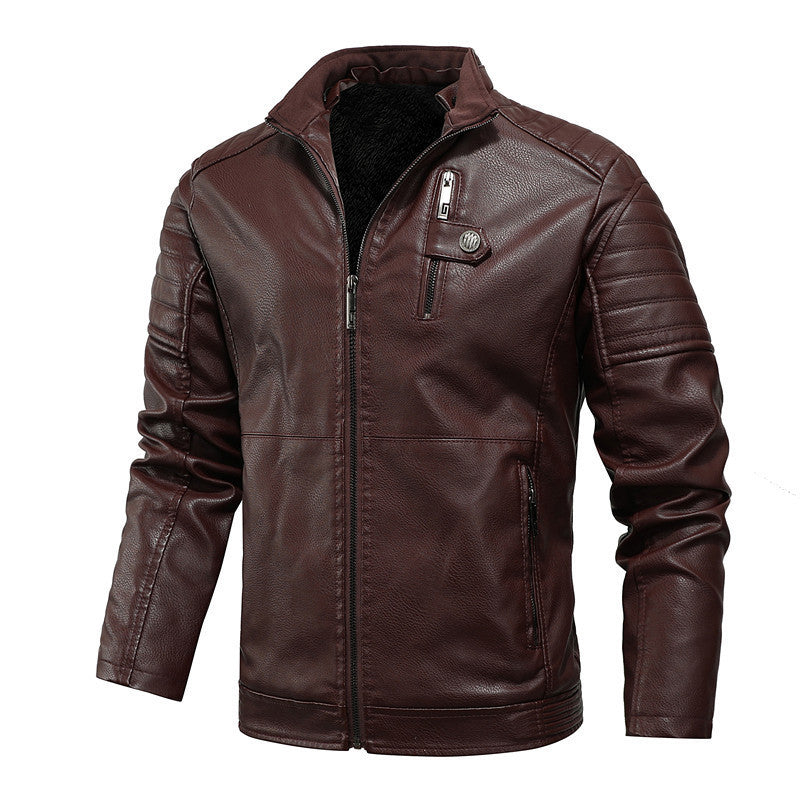 Men’s PU Leather Motorcycle Jacket with Velvet Lining for Winter